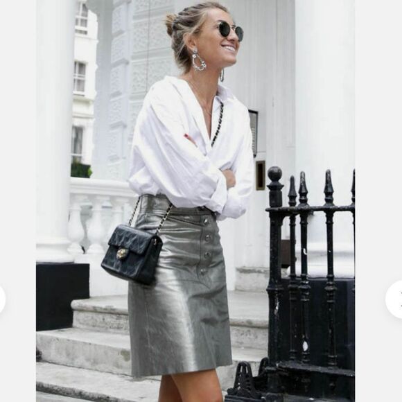 Bloggers Zara Leather Metallic Silver Aged Effect Skirt - Picture 2 of 11